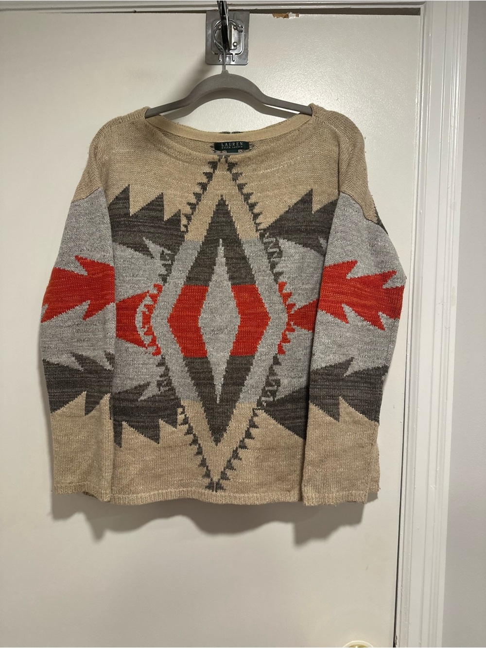 Lauren Ralph Lauren Wool Blend Sz:M Southwestern Aztec Beige Gray Red Sweater.